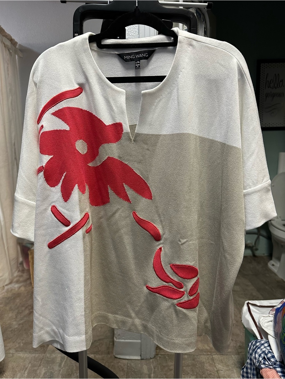 Ming Wang Cream & Beige Short-Sleeve Knit Top with Red Floral Appliqué